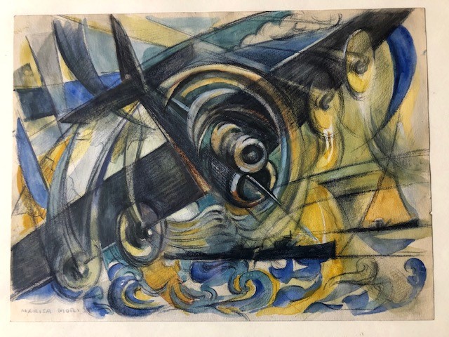 Photo: cubo - futurist decomposition in aero painting with curved sea lines; signed Marisa Mori, 34.